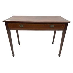 19th century inlaid mahogany side table, banded rectangular top over single full length drawer, on tapered supports with spade feet