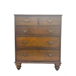 George III oak chest, rectangular top with moulded edge over two short and three long graduated drawers, each with brass escutcheons and shaped backplate handles, on turned bun supports 