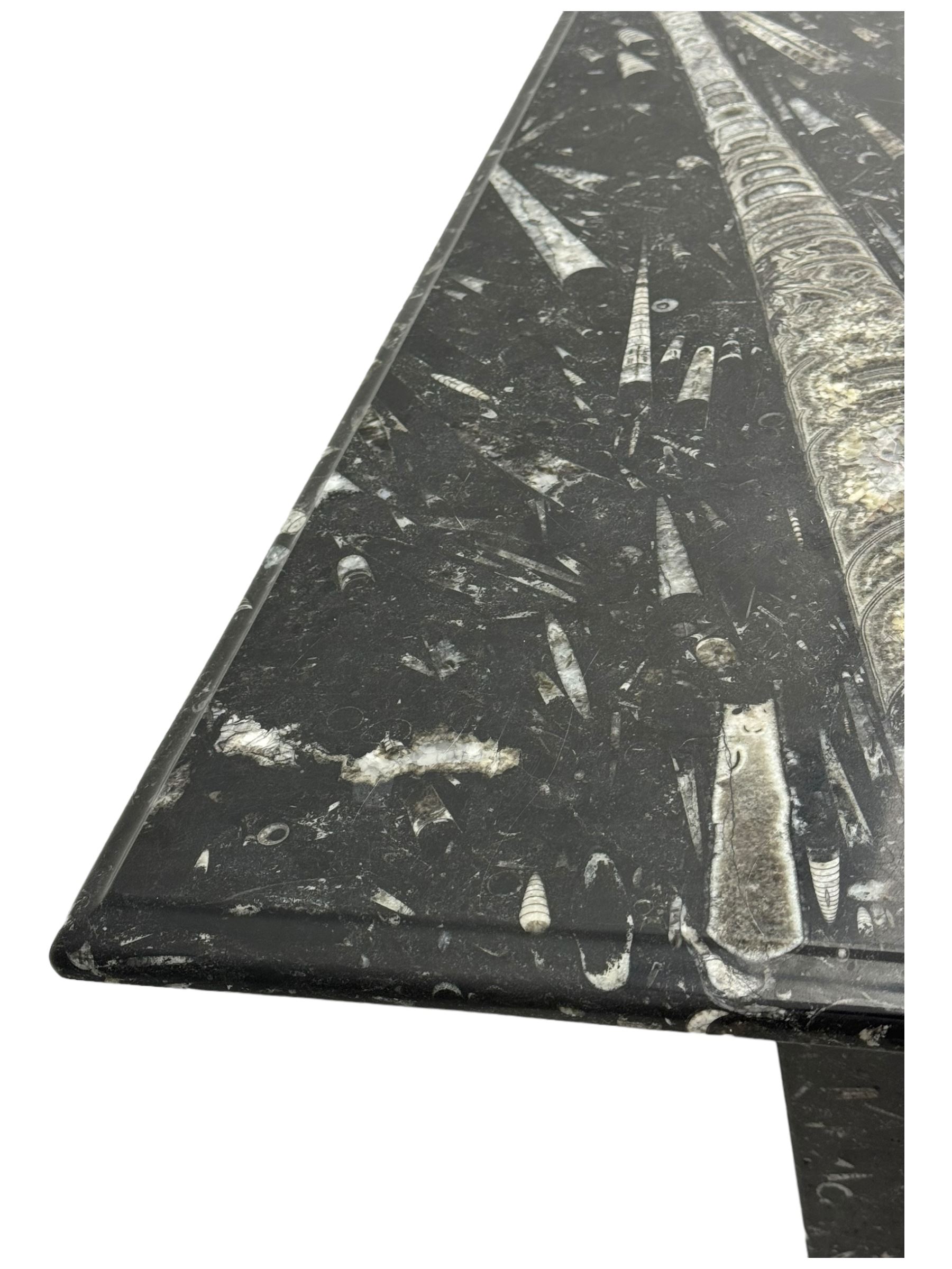 Marble hall table with orthoceras and goniatite inclusions, the rectangular top upon two rectangular stepped plinths, H78cm, L135cm, D77cm