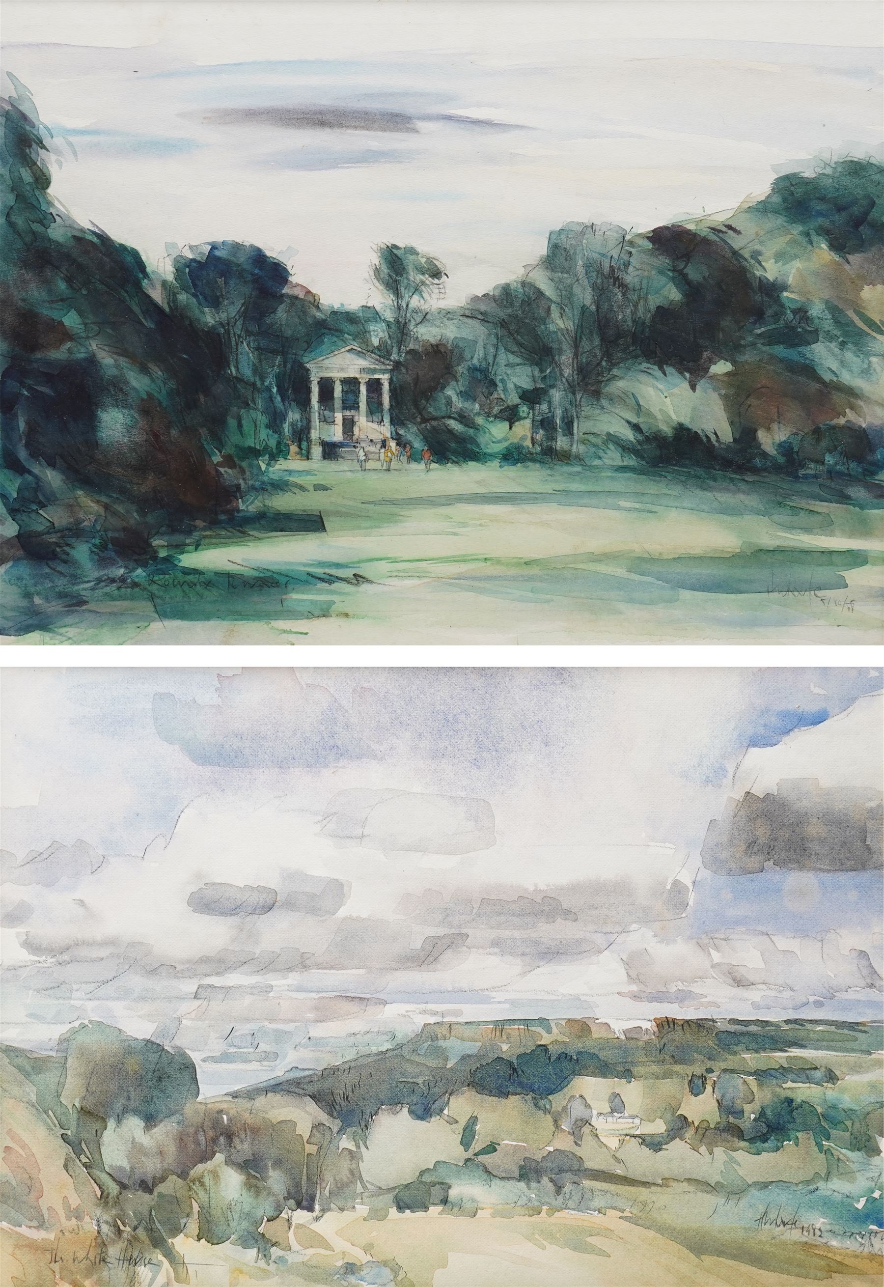 Harold Wharfe (Yorkshire 20th century): 'The White Horse' and Ionic Temple at Rievaulx Terrace, two watercolours signed inscribed and dated max 33cm x 46cm (2)