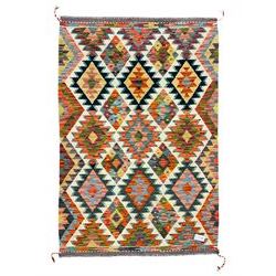 Chobi Kilim rug, over geometric design, decorated with multi-coloured stepped lozenges