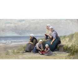 Edith Hume (British 1843-1906): Girls on the Beach, oil on panel signed 14cm x 26cm