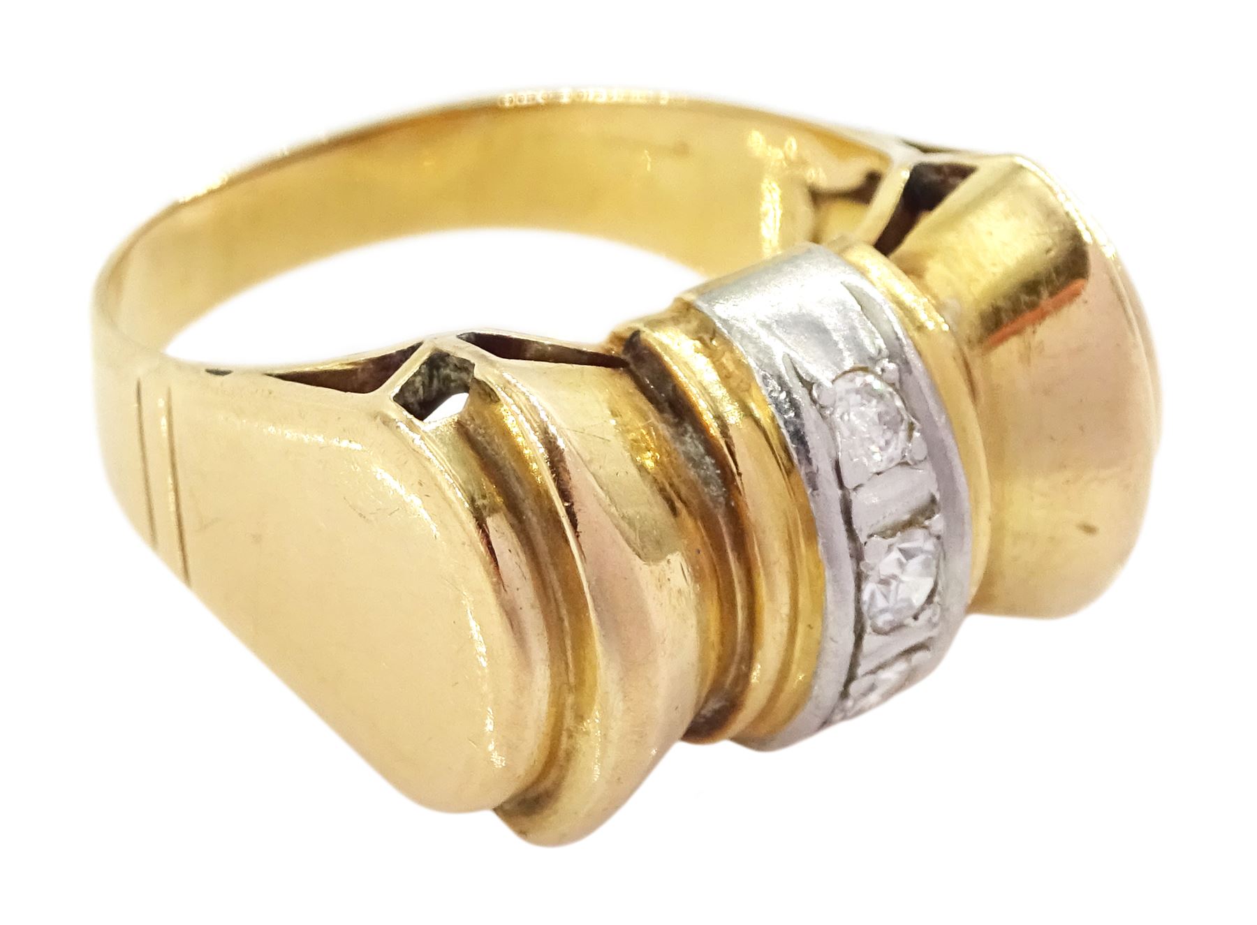 Mid-late 20th century European gold and platinum diamond abstract bow ring