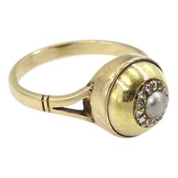 Early 20th century gold old cut diamond and pearl cluster ring, stamped