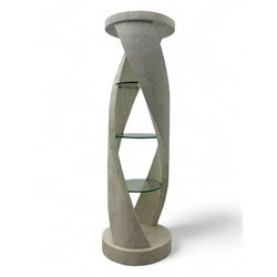 Composite stone display stand, circular twist form, fitted with three glass shelves