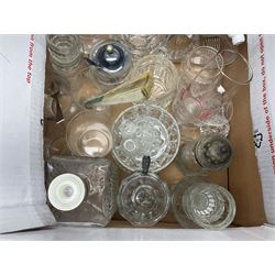 Three boxes of glassware to include mid 20th century drinking glasses with geometric and banded coloured decoration, French bowls, carnival glass, Stuart drinking glasses, etc