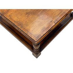 Square elm coffee table, square ovolo-moulded top with fruitwood band, turned supports united by undertier 