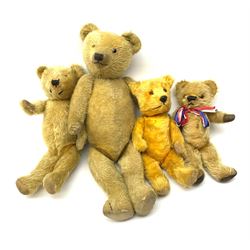 Four English teddy bears 1930s-50s comprising two by Chiltern; another in the Chiltern style; and one by Chad Valley, largest H23