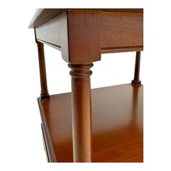 Cherrywood lamp table, square moulded top over undertier and single drawer 