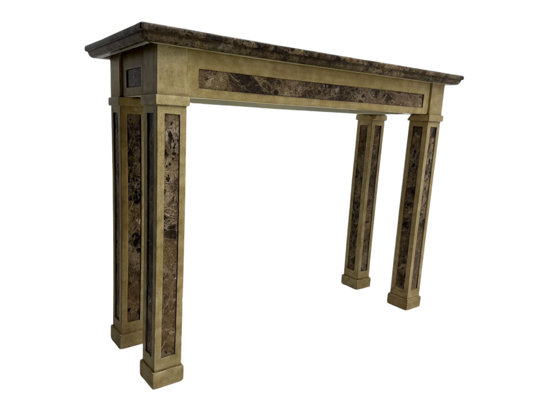 Rectangular console table, variegated marble top, on square supports with block feet 