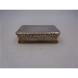 George IV silver snuff box, of rectangular form, with engine turned decoration, chased foliate borders and blank cartouche to centre of hinged cover, opening to reveal a gilt interior, hallmarked John Bettridge, Birmingham 1825, W7.6cm