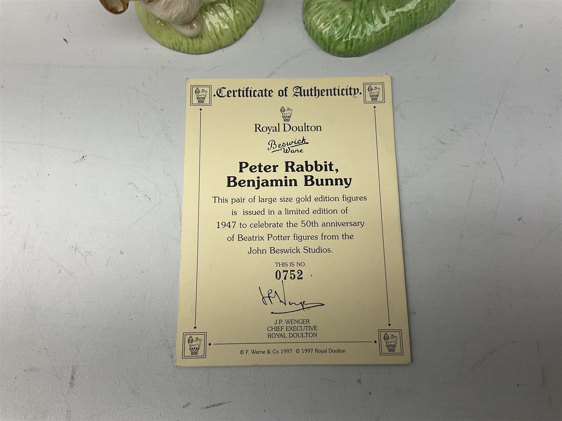 Collection of Beswick figures to include Beatrix Potter Squirrel Nutkin, Jemima Puddleduck, Spike and Tyke, Tom and Jerry, both boxed and with certificates, Chamois 1551 and Babycham 1615a (a/f) Beswick Ware Royal Douton Peter Rabbit and Benjamin Bunny, with certificate
(9)
