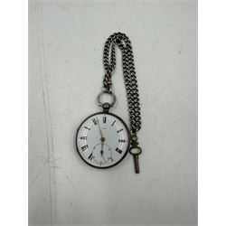 Victorian silver open faced lever pocket watch, the white dial with black Roman numerals and a subsidiary seconds dial, numbered 11368, case hallmarked Joseph Hirst, London 1925, with hallmarked silver watch chain