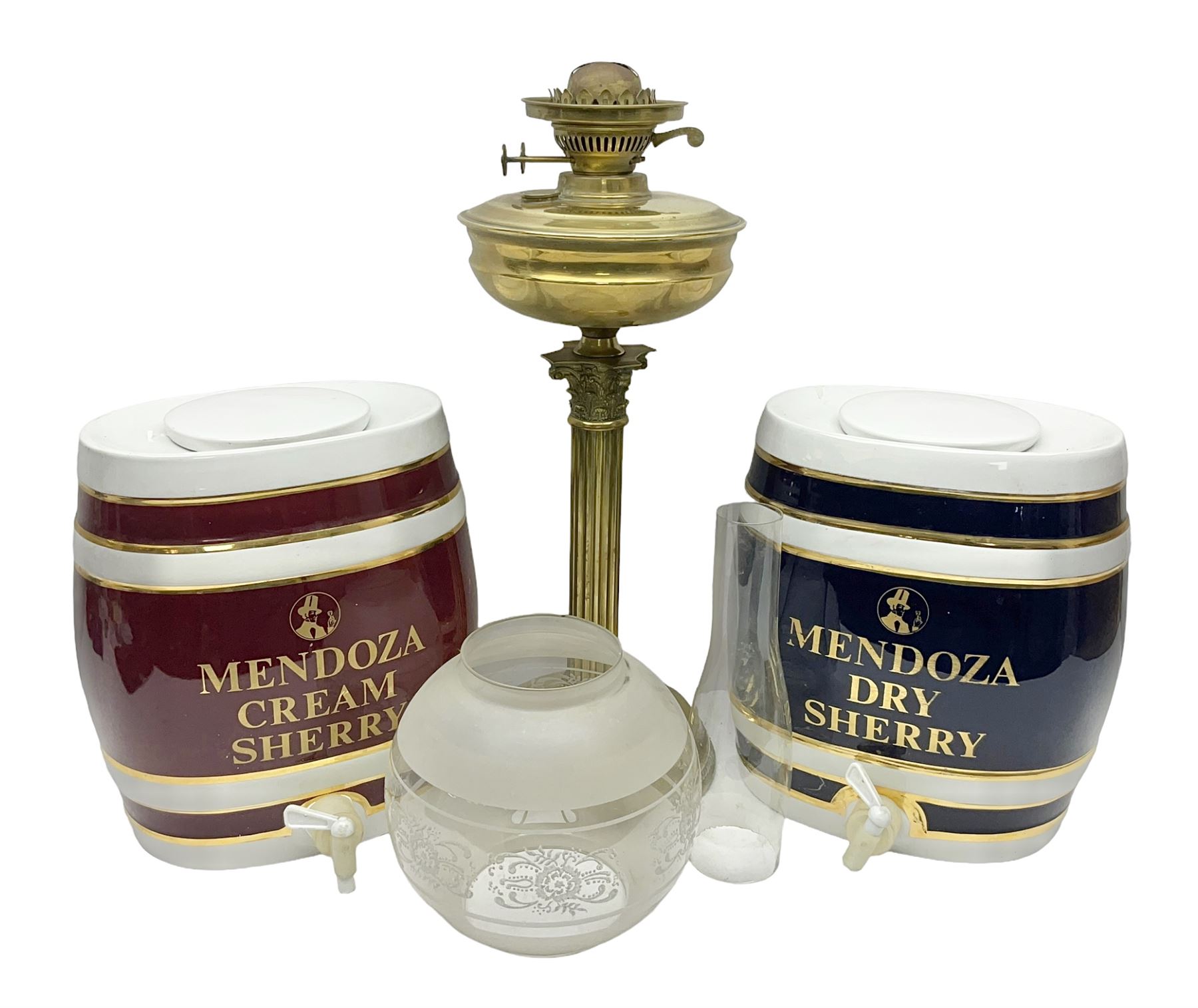 Two Mendoza ceramic barrels, one for whiskey and one for sherry,  together with ao oil lamp, barrel H30cm