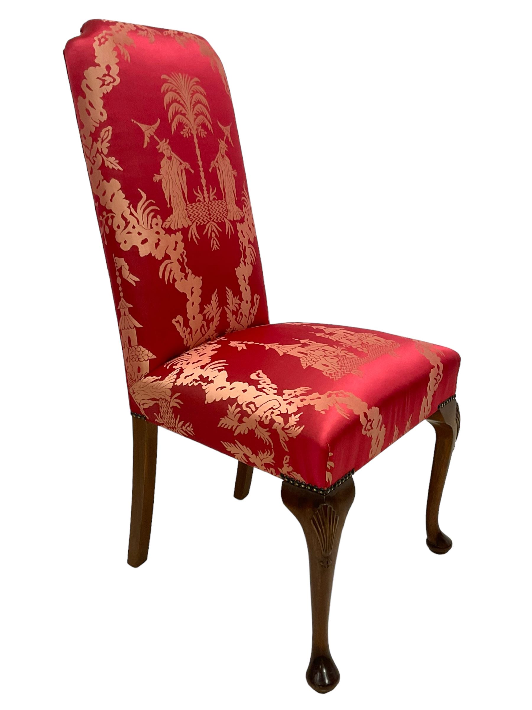 Georgian design mahogany framed high-back side chair, upholstered in red fabric decorated with Japanese figures in a garden landscape and pagodas, on shell carved cabriole front supports
Provenance: From the Estate of the late Dowager Lady St Oswald