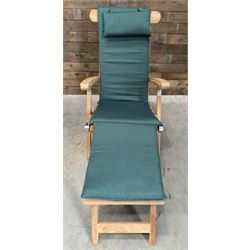 Pair of solid teak adjustable garden steamer armchairs, stainless brackets, with cushions