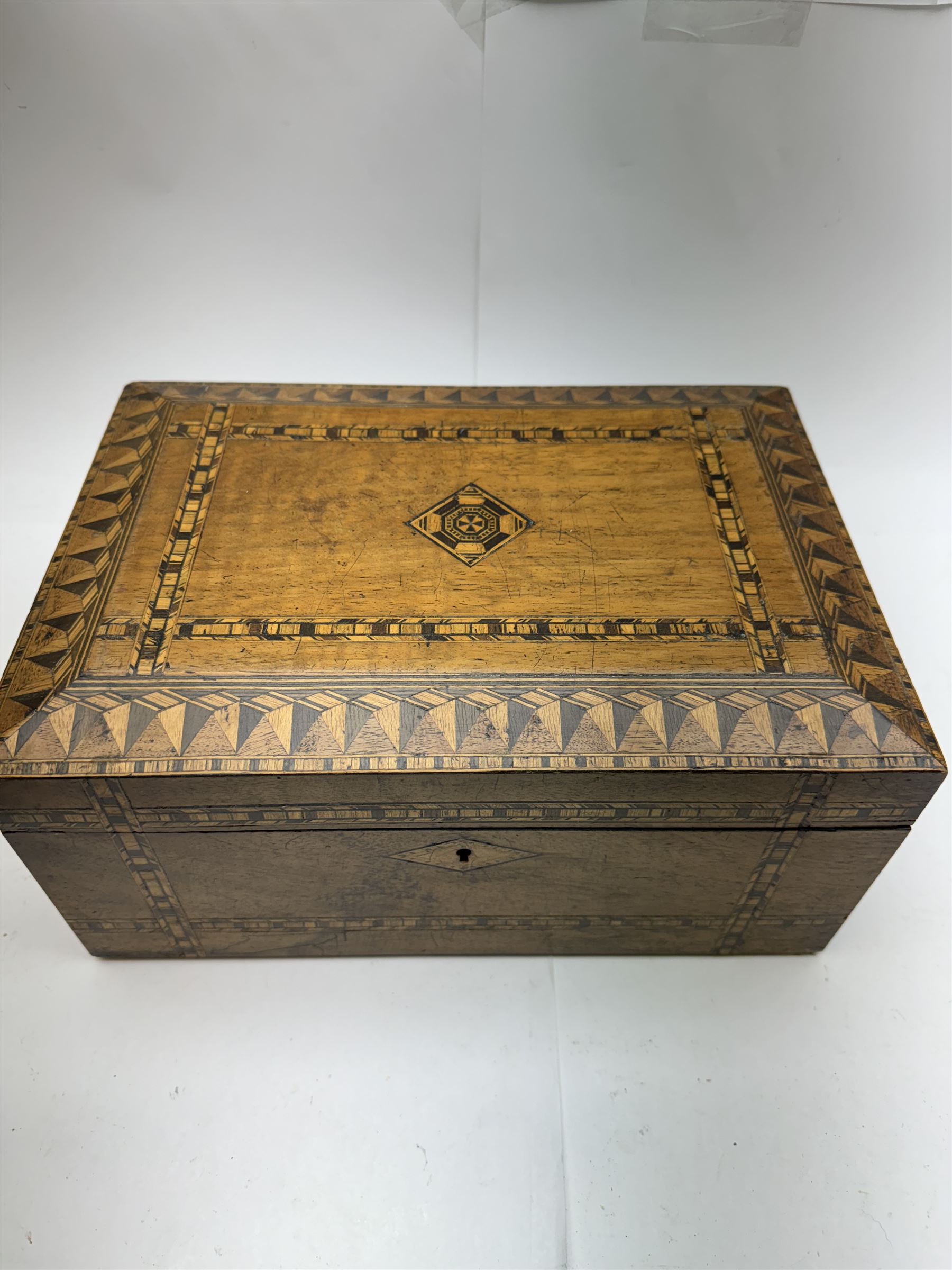 Three inlaid wooden boxes, together with an oak table top cabinet, tallest H42cm