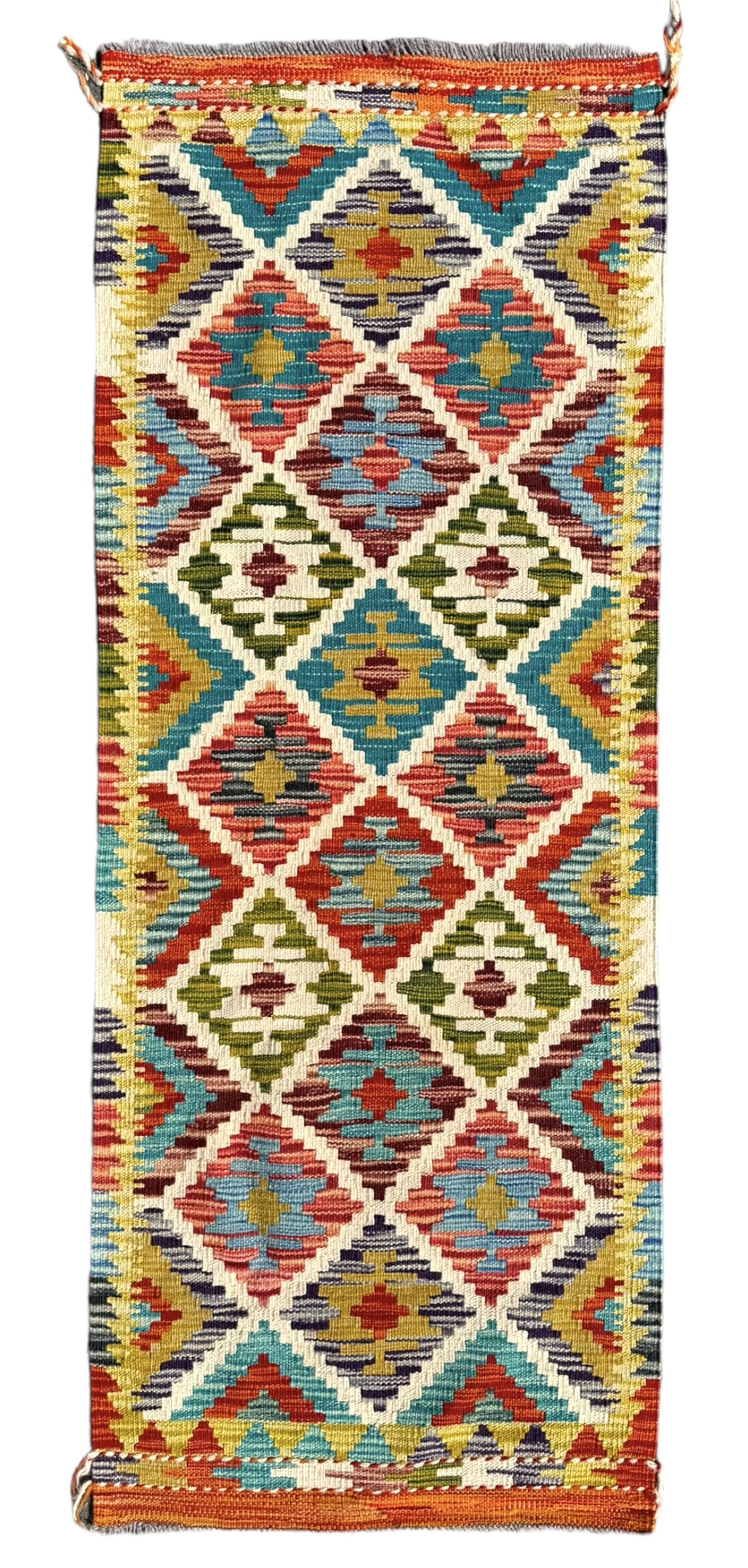 Chobi Kilim ground runner, the field decorated with a geometric pattern of coloured diamonds and triangles, each containing stylised motifs, the shorter ends enclosed by a plain border, and the longer sides with a multicoloured border

