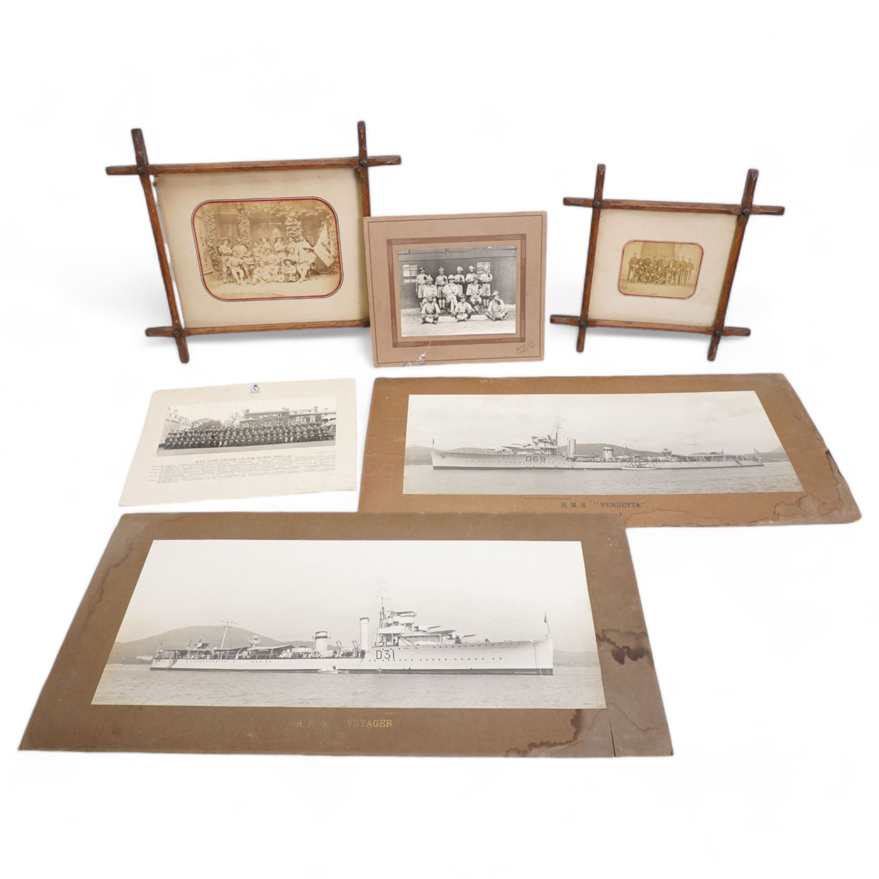 Pair of photographs of H.M.S. Vendetta and H.M.S. Voyager by Marius Bar, Toulon 23cm x 57cm, various military photographs and a number of A.R.P. and  Civil Defence badges 1939-45, framed