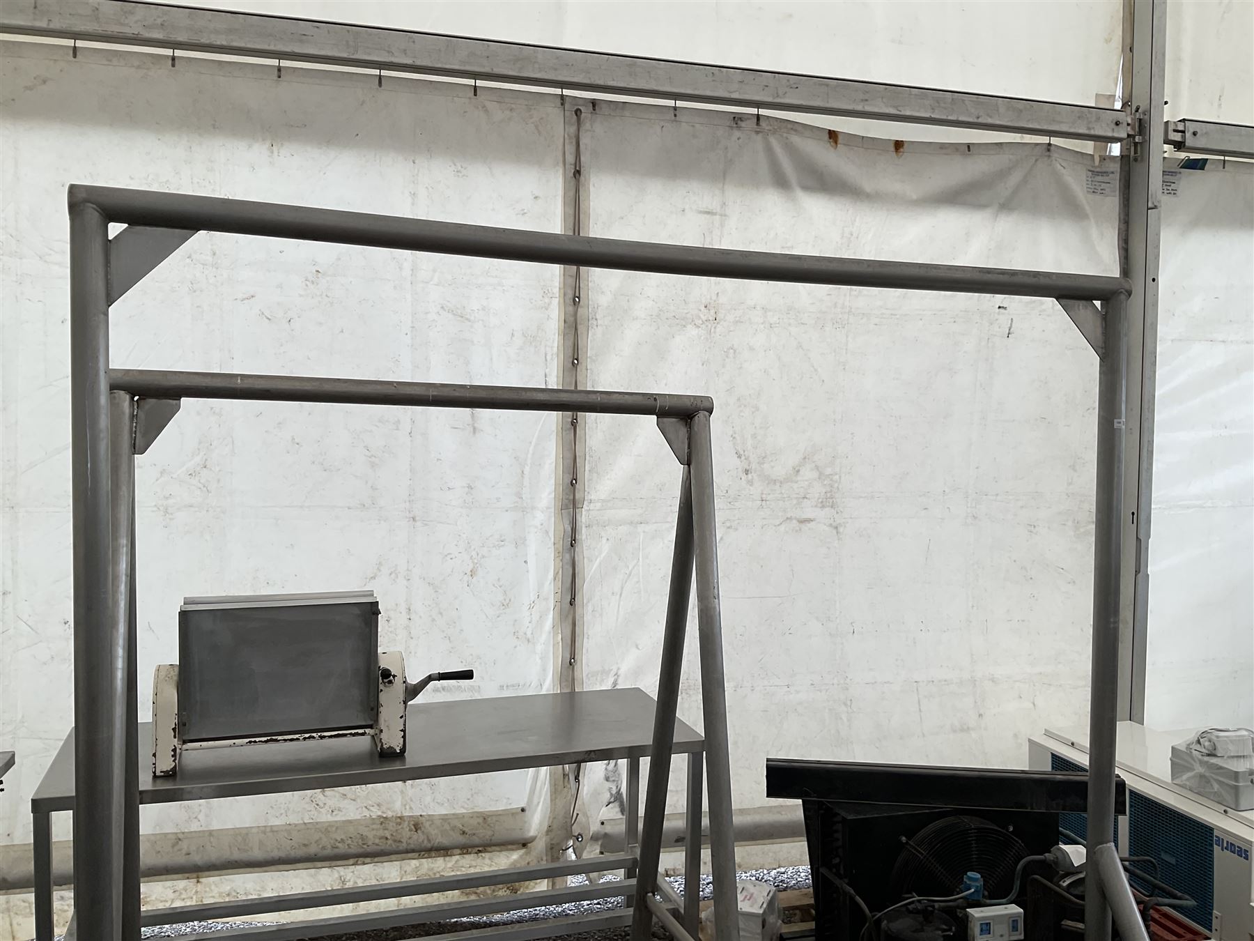 Large stainless steel tubular meat hanging rail (W230cm x H210cm), and a meat rail on castors (W150cm x H186cm) (2) - THIS LOT IS TO BE COLLECTED BY APPOINTMENT FROM DUGGLEBY STORAGE, GREAT HILL, EASTFIELD, SCARBOROUGH, YO11 3TX