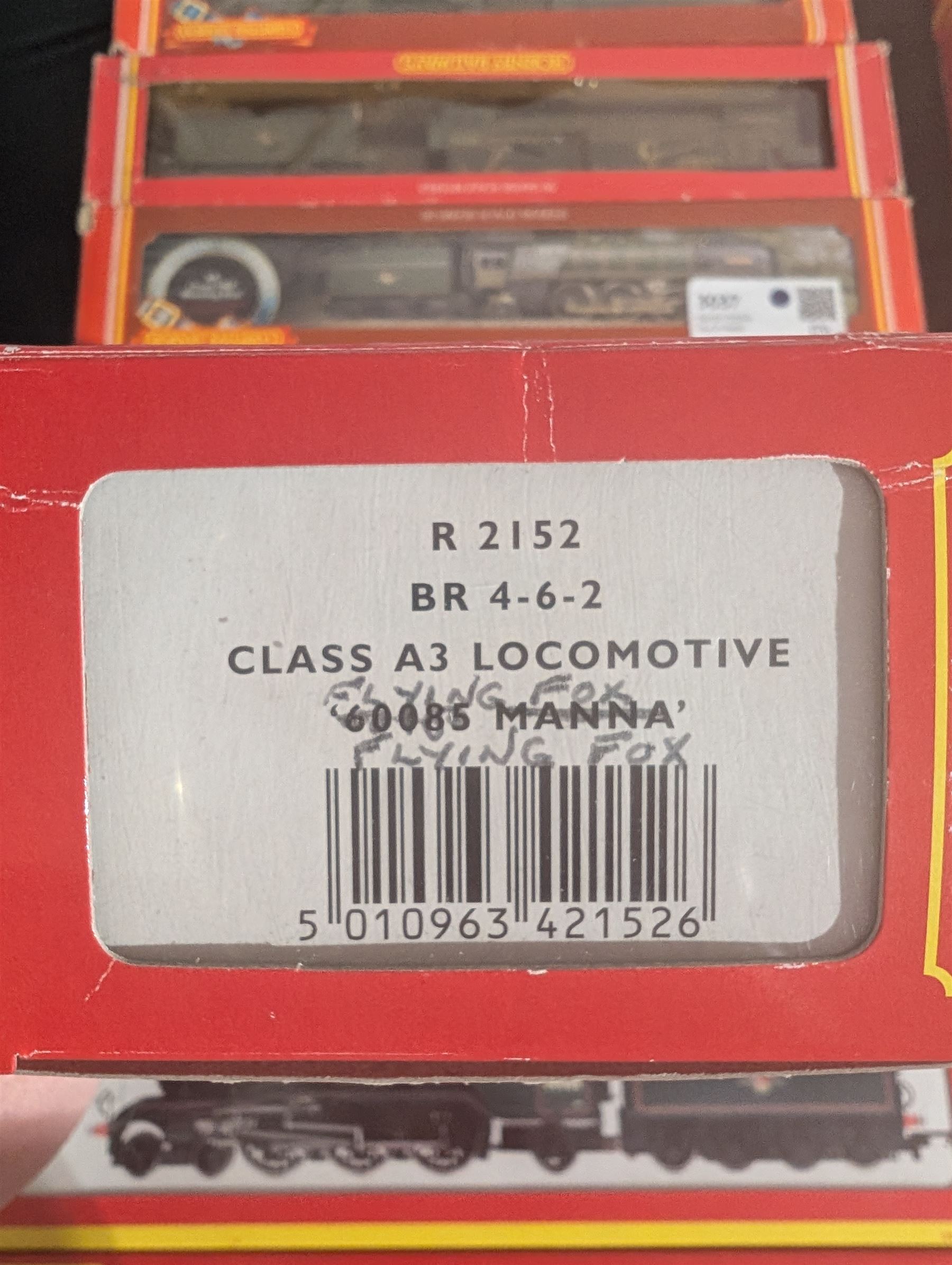 Four Hornby '00' gauge locomotives, comprising R2054 BR Class A3 4-6-2 re-worked as Trico no. 60084, two R2152 BR Class A3 4-6-2 locomotives, one original Manna no. 60085, the other re-worked as Flying Fox no. 60106 and R2178A BR Class N2 0-6-2 locomotive no 69546, all boxed 