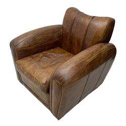 Rockson - club armchair, dished cresting rail over curved arms, upholstered in brown stitched leather, on block feet