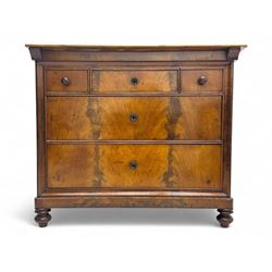 19th century French figured mahogany and walnut chest, rectangular top over three short an...