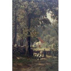 English School (Early 20th century): Shepherd and Flock, oil on canvas unsigned 48cm x 32cm