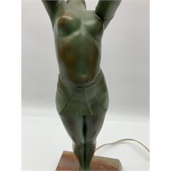 Art Deco patinated spelter table lamp, modelled as a young woman, upon a canted square alabaster plinth, H49.5cm