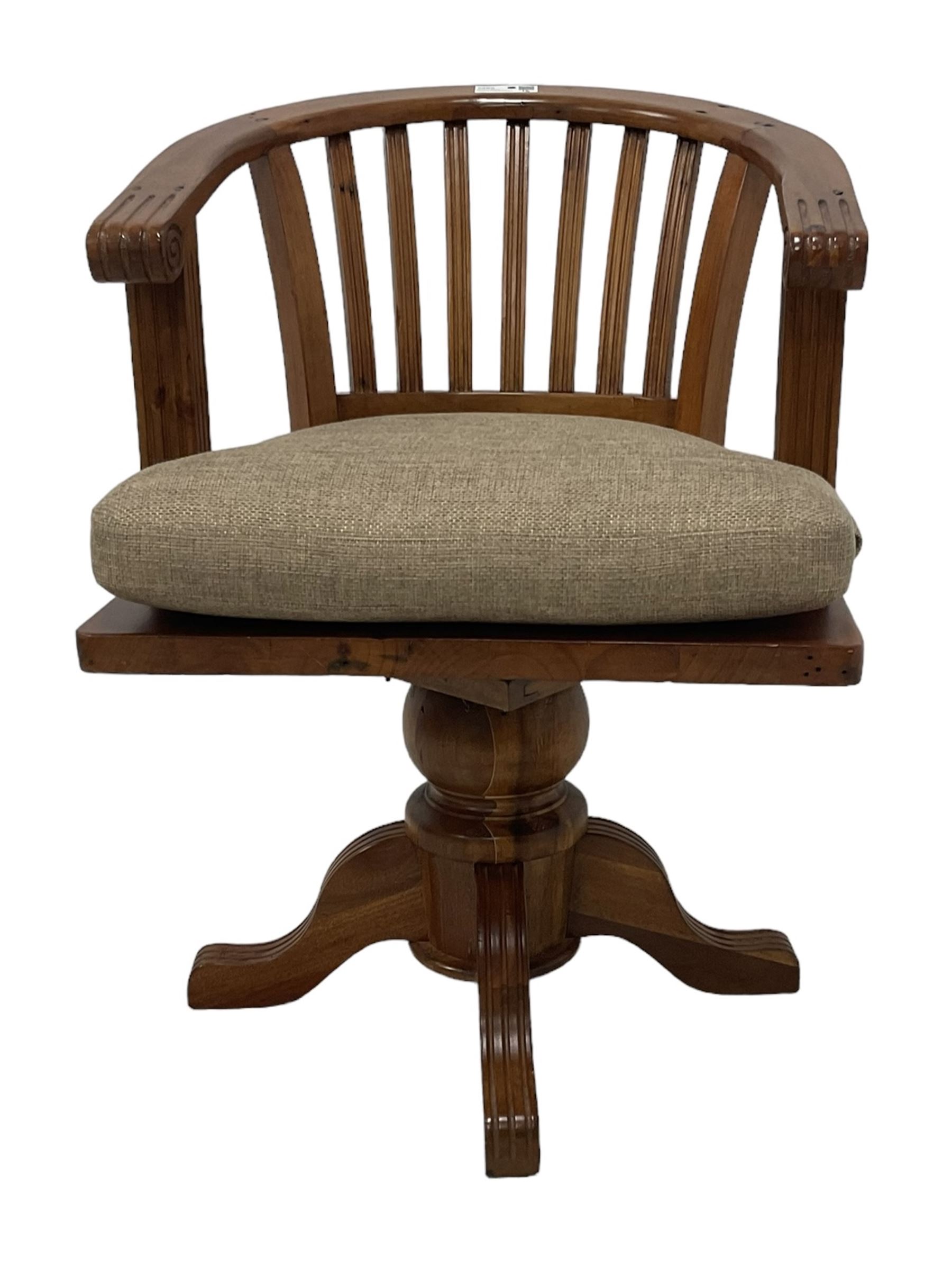 Barker and Stonehouse - reclaimed pine 'Villiers' swivel desk chair, slat back and scrolled arm terminals, on pedestal base, decorated with all-over fluting 