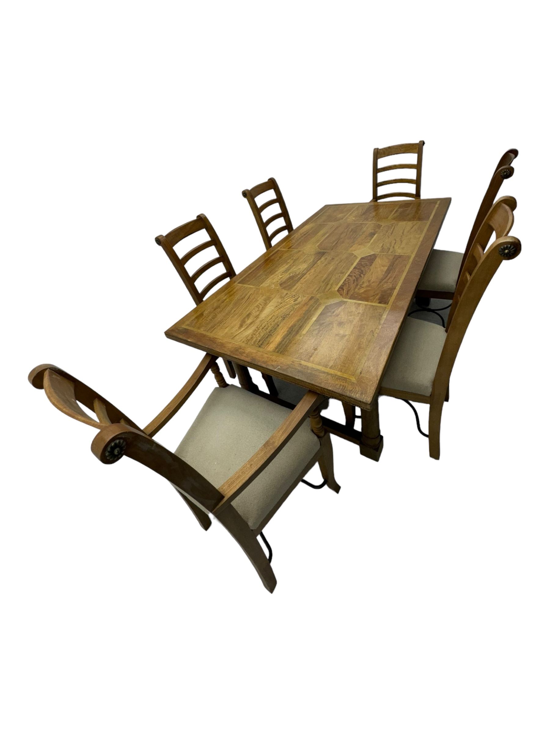 Barker & Stonehouse 'Flagstone' range mango wood dining table, fluted rectangular top with marquetry inlay, raised on turned supports connected by fluted H-stretcher; six (4+2) slatted-back chairs with beige upholstered seats H112cm 