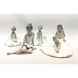 A group of five Nao figurines, each modelled as ballet dancers in various poses, each with printed marks beneath, tallest H16cm.   