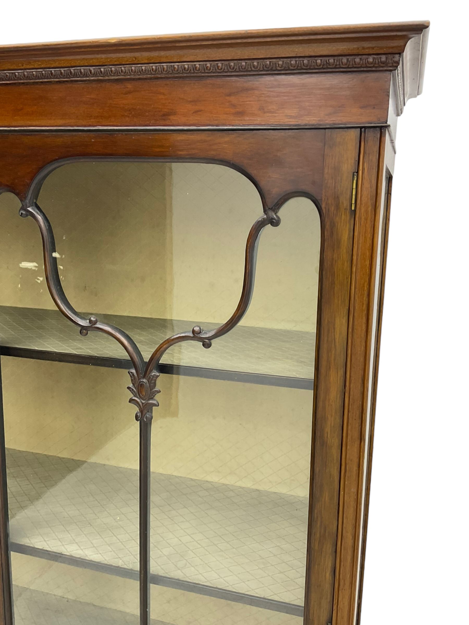 Early 20th century mahogany straight-front display cabinet, projecting moulded cornice over two astragal glazed doors with lower panels, on cabriole supports 