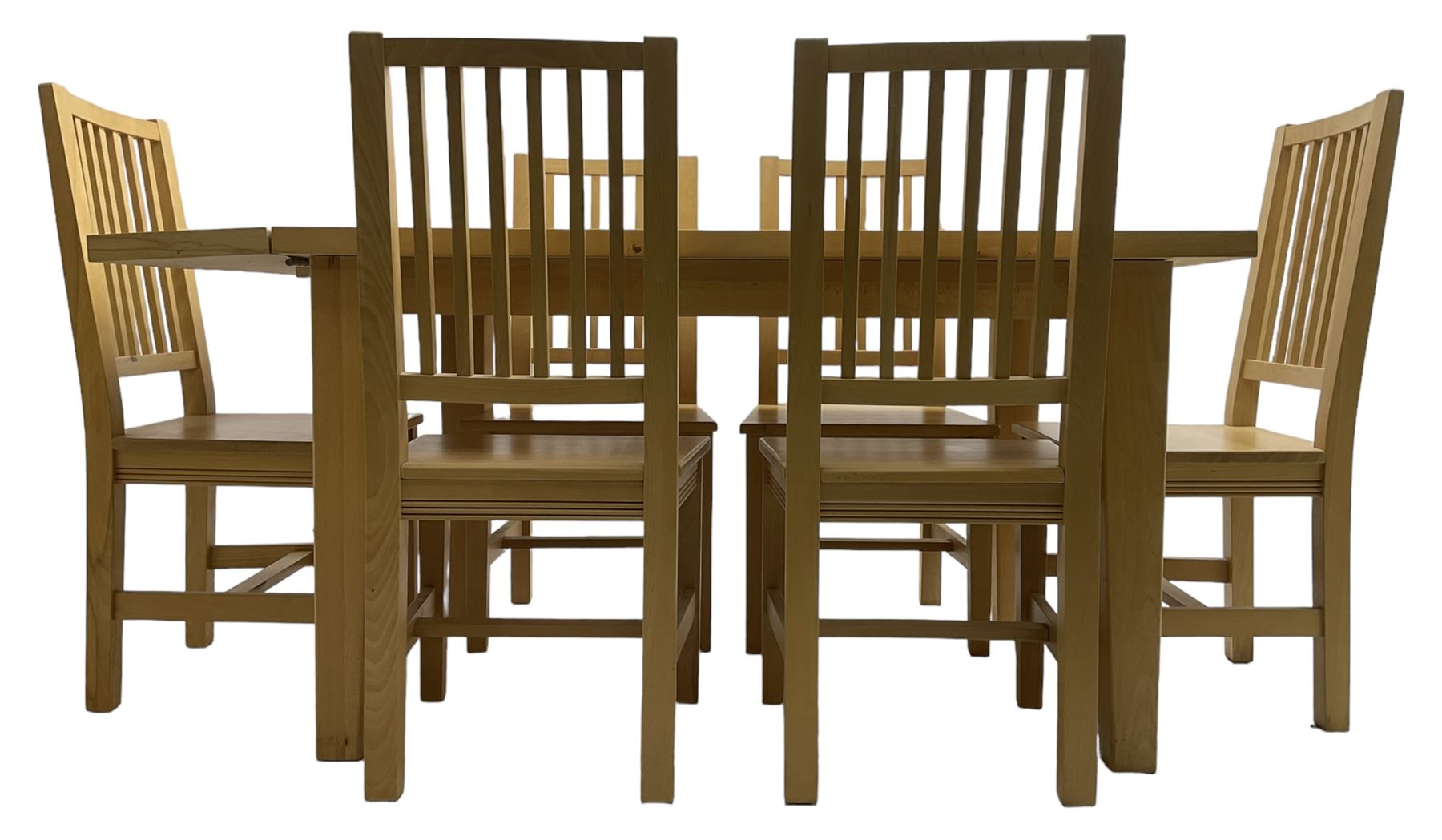 Solid beech rectangular dining table (89cm x 135cm - 160cm, H77cm), and a set of five beech dining chairs