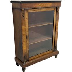 Victorian inlaid walnut pier cabinet, moulded rectangular top over single glazed door, chamfered plinth base, on turned feet 