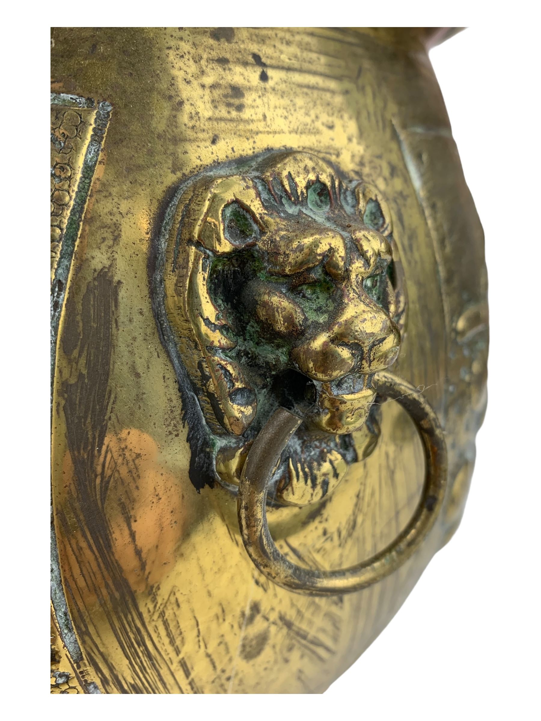 19th century copper coal scuttle, brass twin-handled planter, the bulbous body embossed with fruiting vines, H23cm (2)