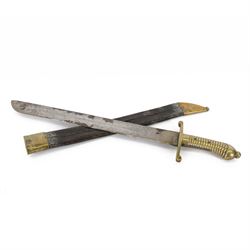 Prussian model 1855 Infantry Pioneers short sword, single edge blade stamped with a crown, quillon marked 28 AE.3.99. 32.A.E.2.99.1, with ribbed grip, in brass mounted leather scabbard, L65cm