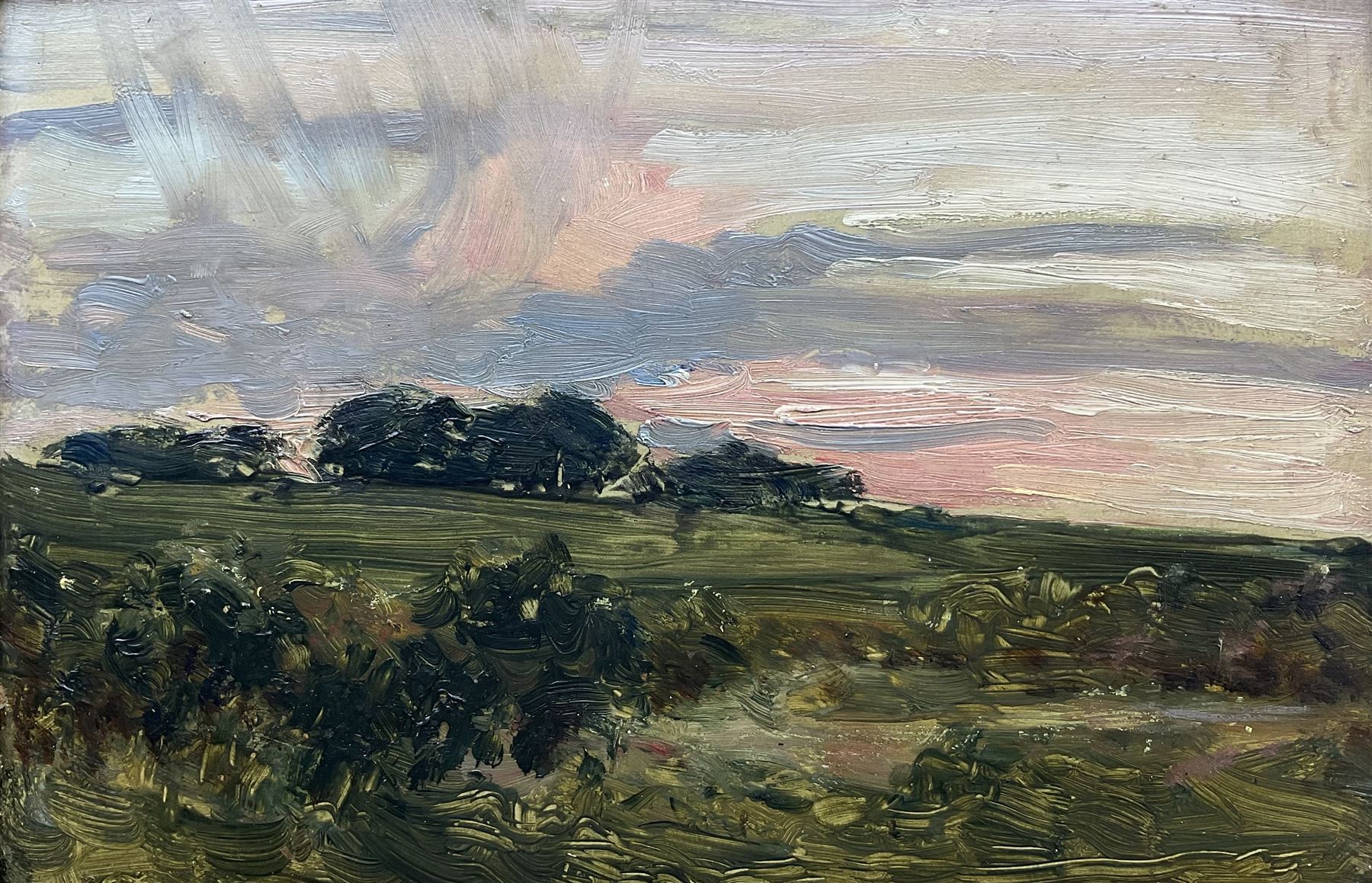 James Lawton Wingate RSA (Scottish 1846-1924): Sunset Over the Hills, oil on board unsigned, inscribed beneath mount verso 17cm x 26cm 