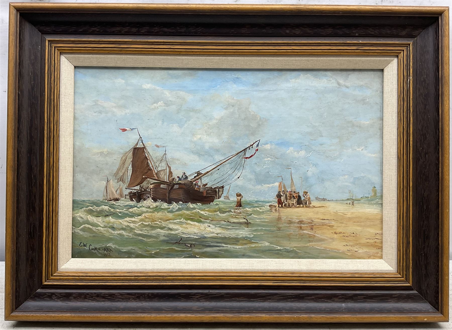 Edward William Cooke ARA (British 1811-1880): Bringing in the Day's Catch - 'Scheveningen' Den Hague, oil on canvas signed and dated 1857, inscribed verso 25cm x 40cm