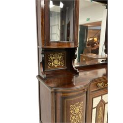 Late Victorian inlaid rosewood mirror back sideboard, shaped cresting rail decorated with scrolling foliate ivorine inlays, over rectangular bevelled mirror, flanked by bow-front glazed cupboards over inlaid 'green man' motifs, the base fitted with single drawer and cylindrical cupboards flanking a mirror panelled cupboard, on square tapering supports