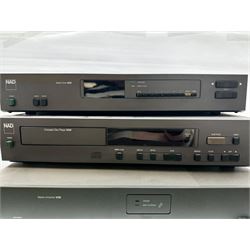 Three NAD Hi-Fi audio stacking system separates, comprising 3130 stereo amplifier, 4225 stereo tuner and 5320 compact disc player 