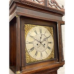 William Watson of  Blackburn (Lancs)  - late 18th century 8-day oak and mahogany cross banded longcase clock, with a flat top and open fretwork above, deep cornice with dogtooth moulding and frieze beneath, square hood door flanked by reeded pilasters with brass capitals, trunk with  reeded quarter columns, long trunk door with concave corners on a plinth with canted corners on bracket feet, brass dial with cast brass spandrels, broad silvered chapter ring with Roman numerals and five-minute Arabic's, a profusely engraved and silvered dial centre with seconds dial, matching steel hands and calendar aperture, hourly rack striking movement with a recoil anchor escapement. With weights, pendulum and key. 
William Watson of Northgate, Blackburn, is recorded as working c1770-1814 . As with this clock he frequently signed some of his clocks without a placename.