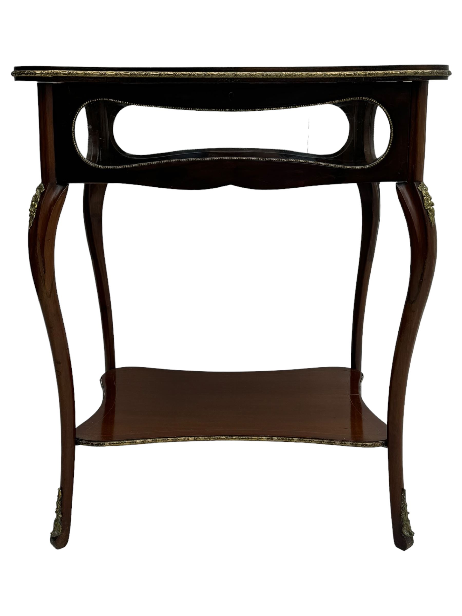 Late 19th century inlaid mahogany bijouterie table, glazed hinged top with floral marquetry, enclosing a felt-lined interior, lower shelf, ormolu mounts on cabriole supports with gilt accents