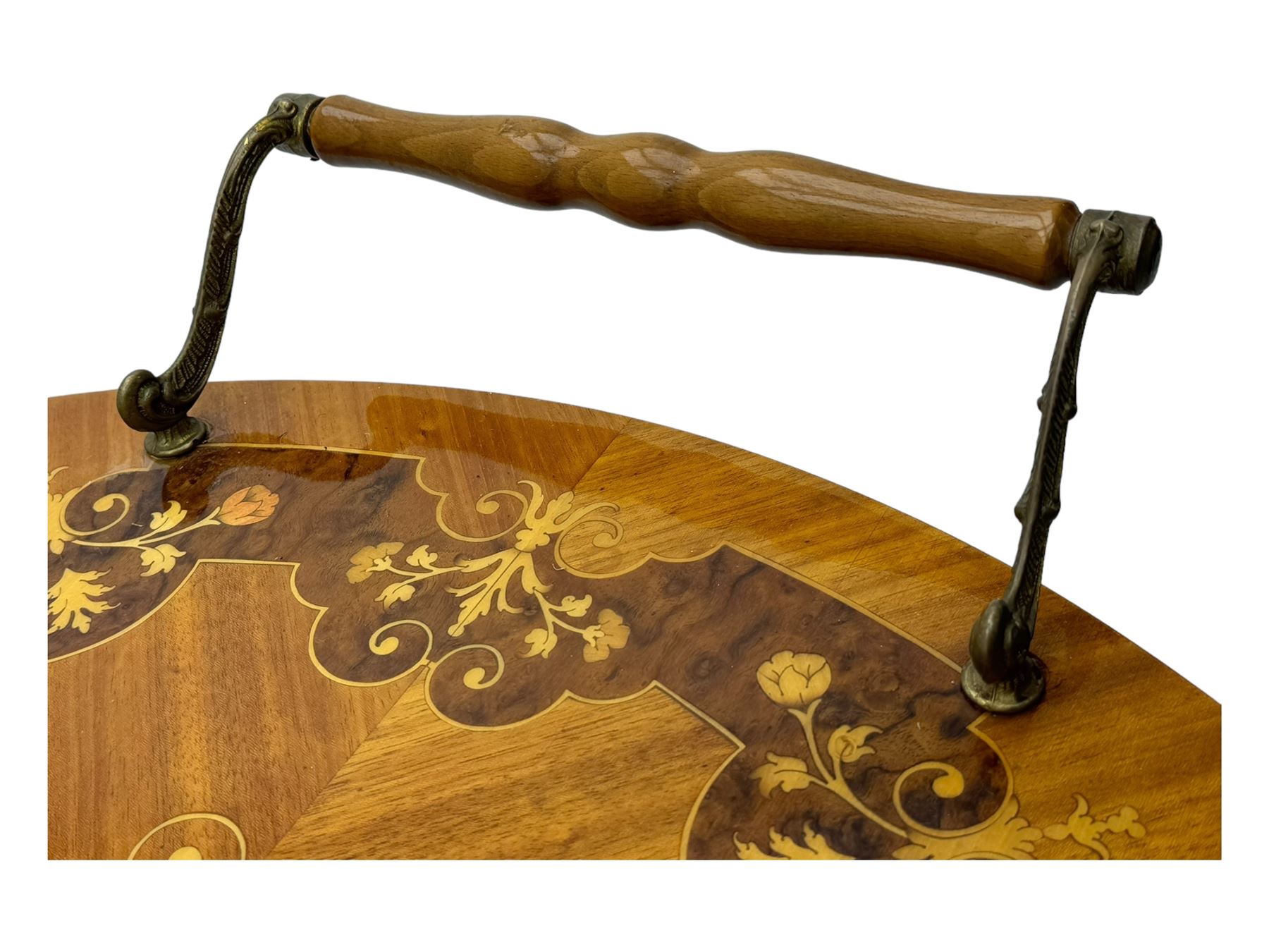 Mid 20th century walnut and satinwood drinks trolley, drop-leaf top with Italian marquetry, turned supports connecting lower shelf fitted with bottle holders and additional storage, on large brass-spoked wheels