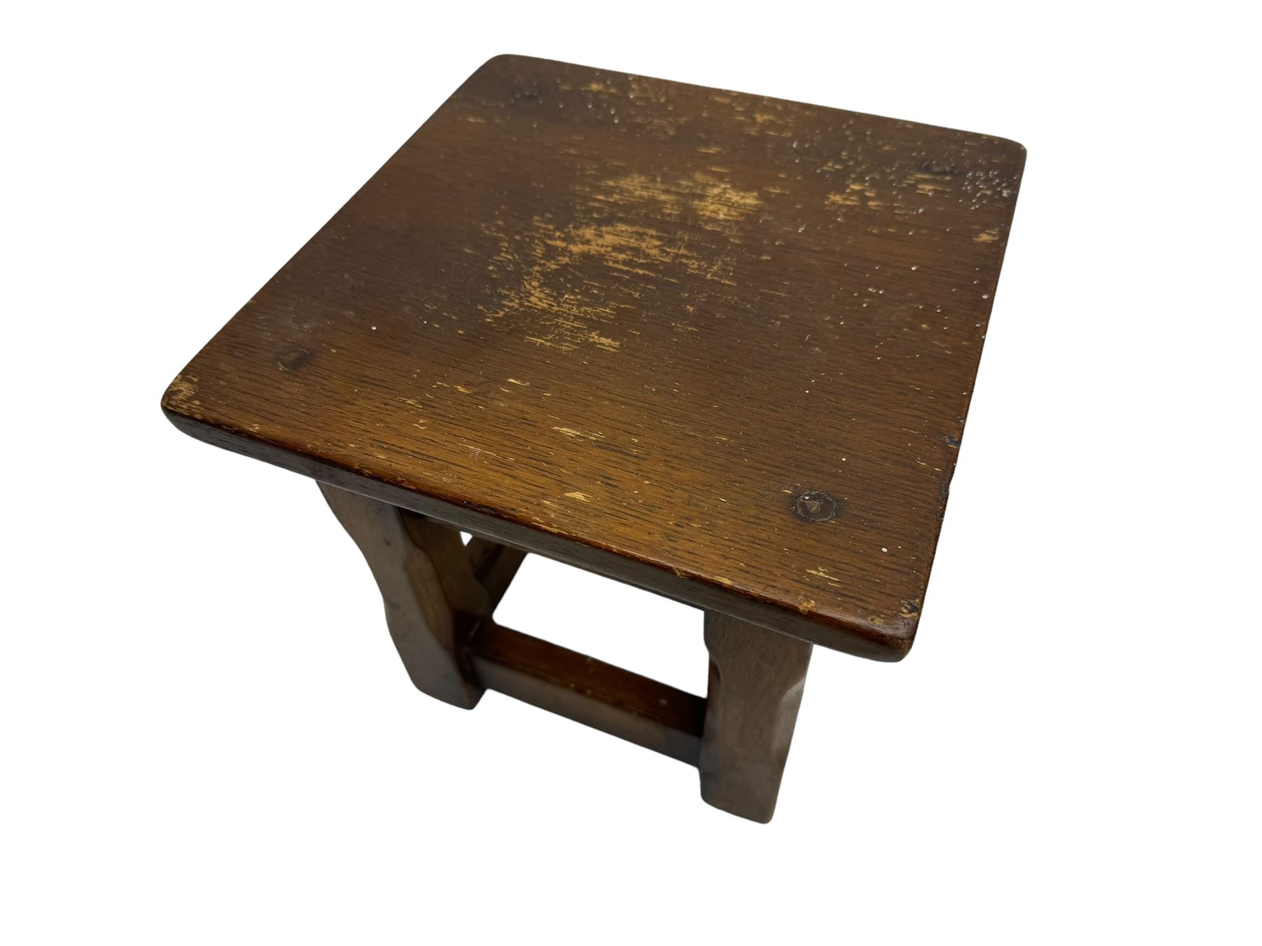 Victorian mother-of-pearl inlaid side chair; pair of miniature oak square stools; round stool; display stand with zigzag support column and brass dish; and a carved inlaid hardwood table top (6)