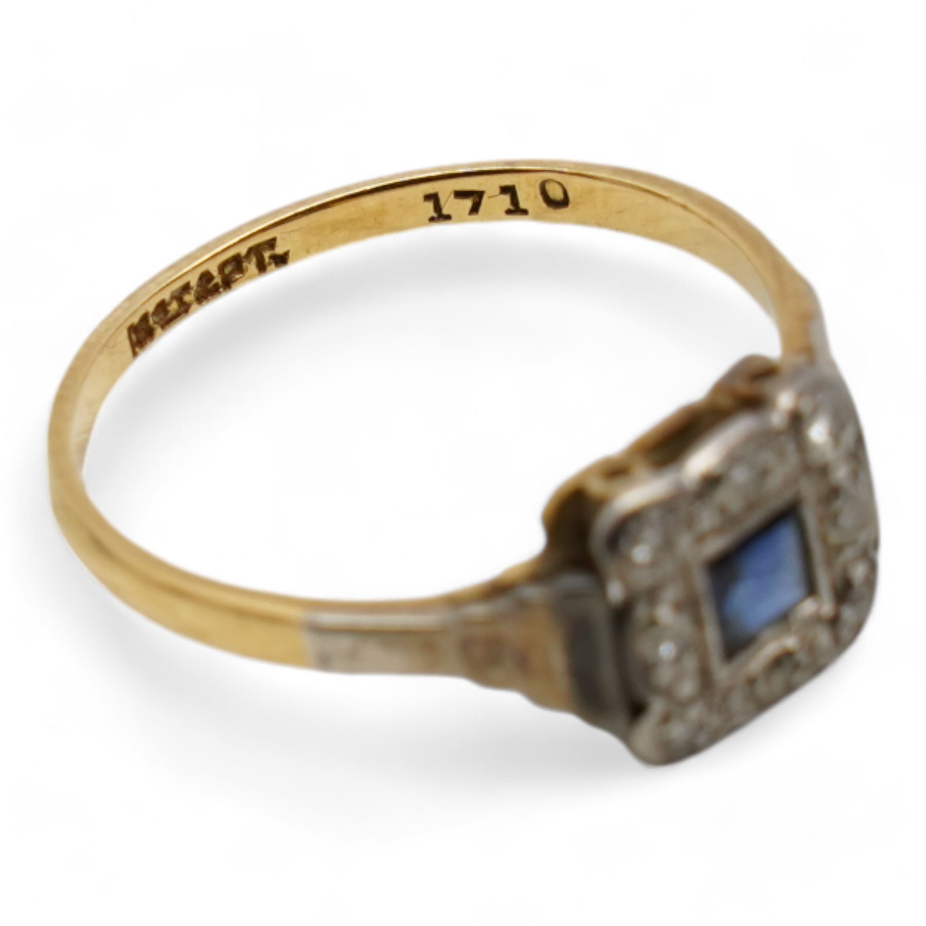 Square cut sapphire and round cut diamond cluster ring, stamped 18ct and a 18ct gold three stone old cut diamond and pearl ring (2)