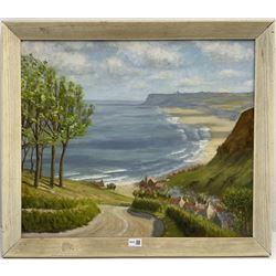 John Burton (Northern British 20th century): 'Lythe Bank Sandsend' Whitby, oil on board signed, artist address label verso 58cm x 68cm