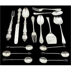 Group of assorted silver flatware, to include a pair of Edwardian sardine servers engraved with scrolls and husks, hallmarked W S Savage & Co, Sheffield 1908, a Victorian christening set comprising fork, knife and spoon, each with scroll and C scroll modelled handle, hallmarked Martin, Hall & Co, Sheffield 1860, a set of six 1920's coffee bean spoons, hallmarked Hukin & Heath Ltd, Birmingham 1922, a late Victorian christening fork and spoon, etc., approximate gross weight 9.23 ozt (287.2 grams)