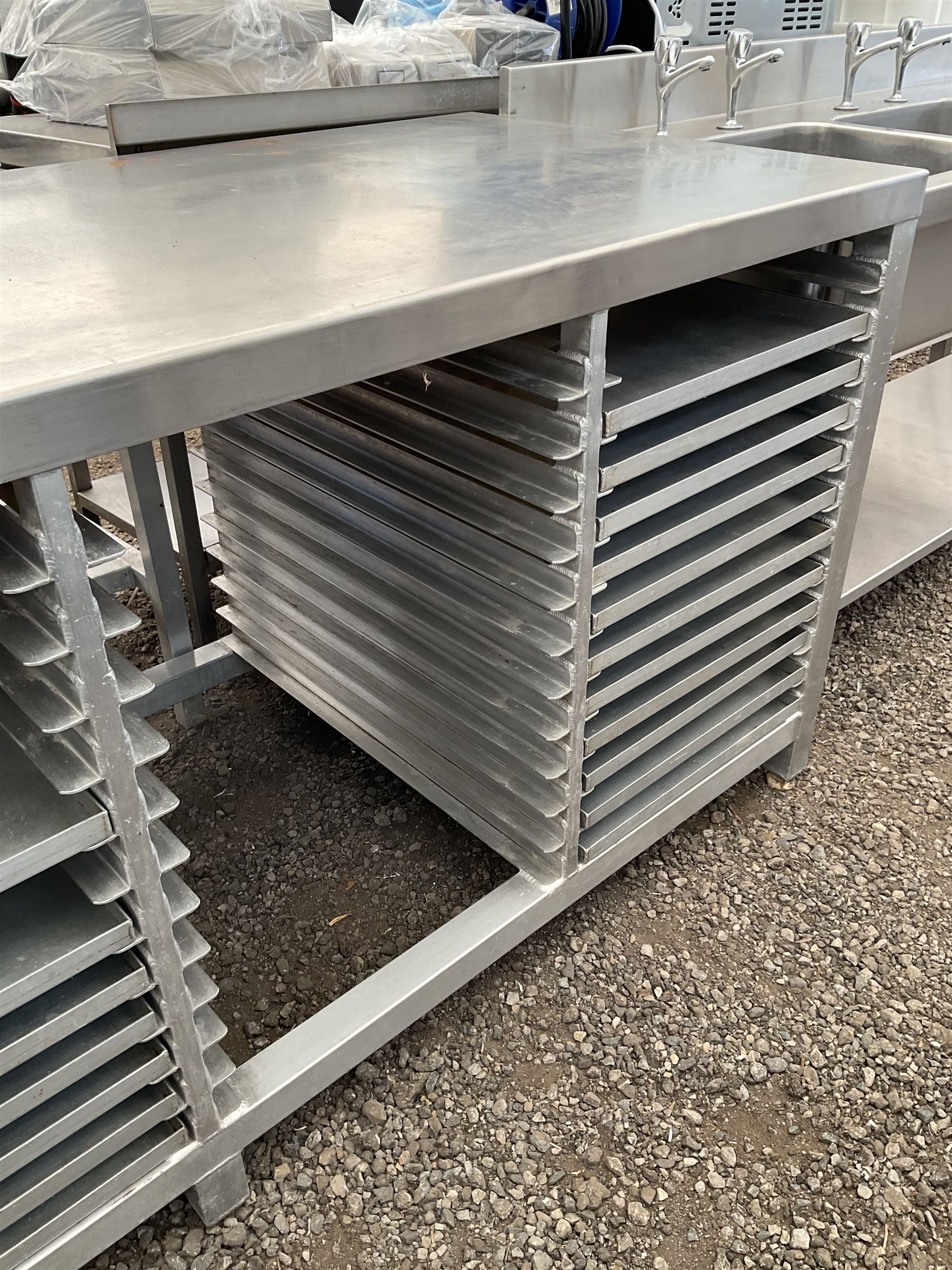 Aluminium framed and stainless steel commercial tray rack preparation table, 48 tray capacity, complete with 30 trays, trays size 66cm x 46 cm - THIS LOT IS TO BE COLLECTED BY APPOINTMENT FROM DUGGLEBY STORAGE, GREAT HILL, EASTFIELD, SCARBOROUGH, YO11 3TX