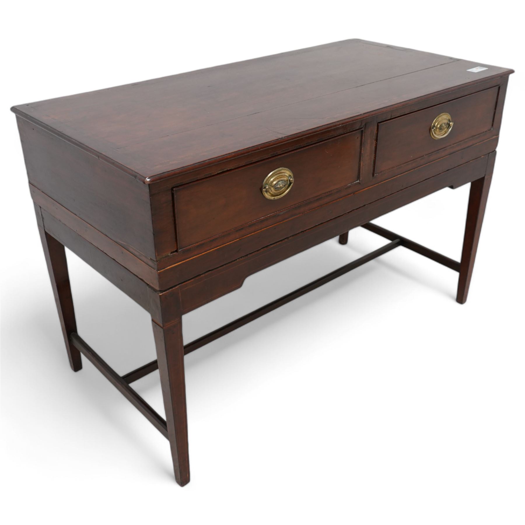 19th century converted square piano side table, rectangular moulded top over two drawers, on square tapering supports united by plain H-stretchers 